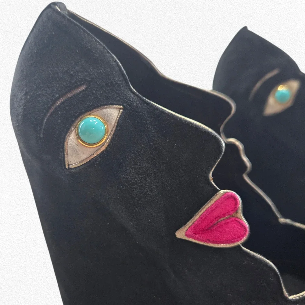 Dolce & Gabbana Face Wedge Platform Black Suede Platino Statement Heels EU 36.5 - Picture 3 of 16